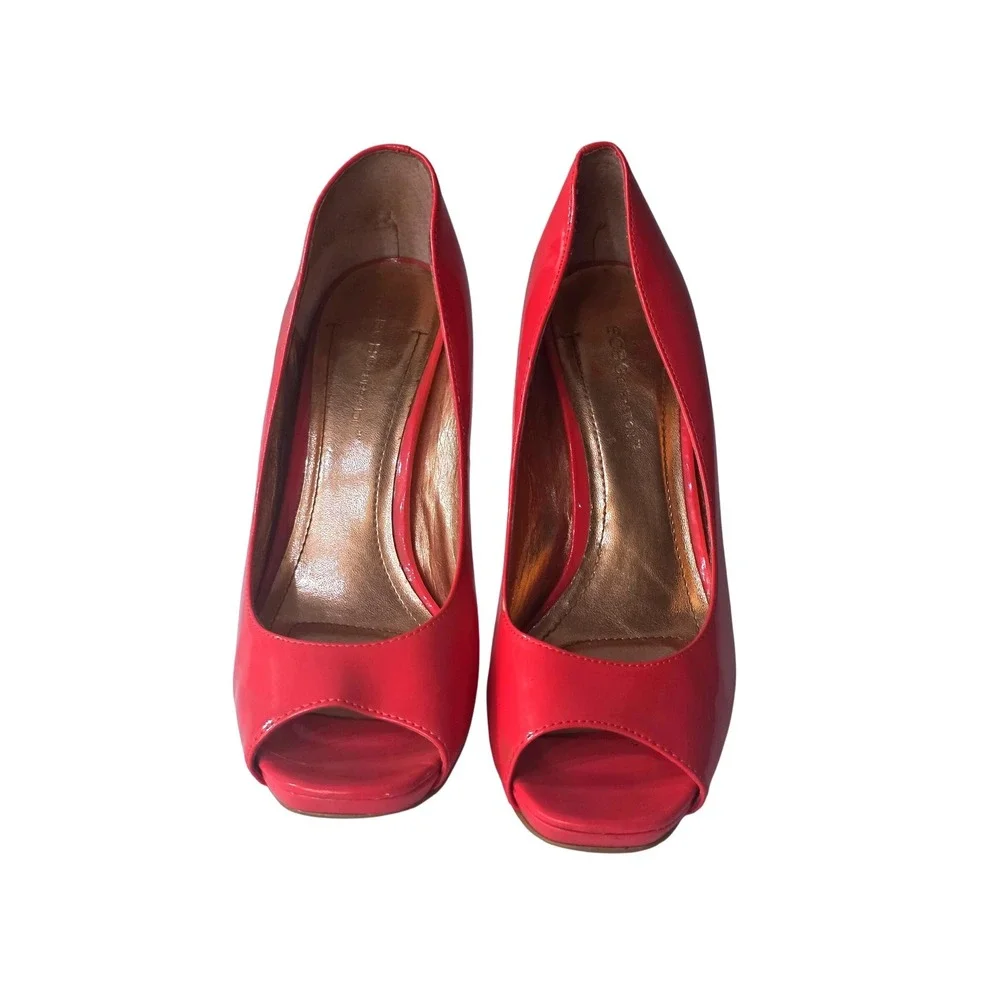 BCBGeneration Womens Coral Red Patent Peep Toe Stiletto Heel Pumps Size 7.5/38